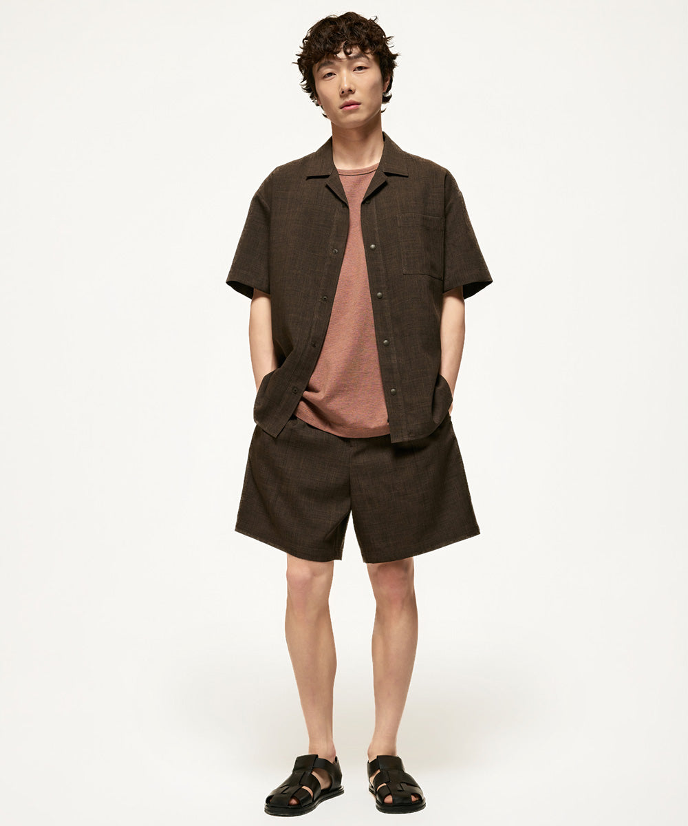 Short-sleeve open collar woven shirt