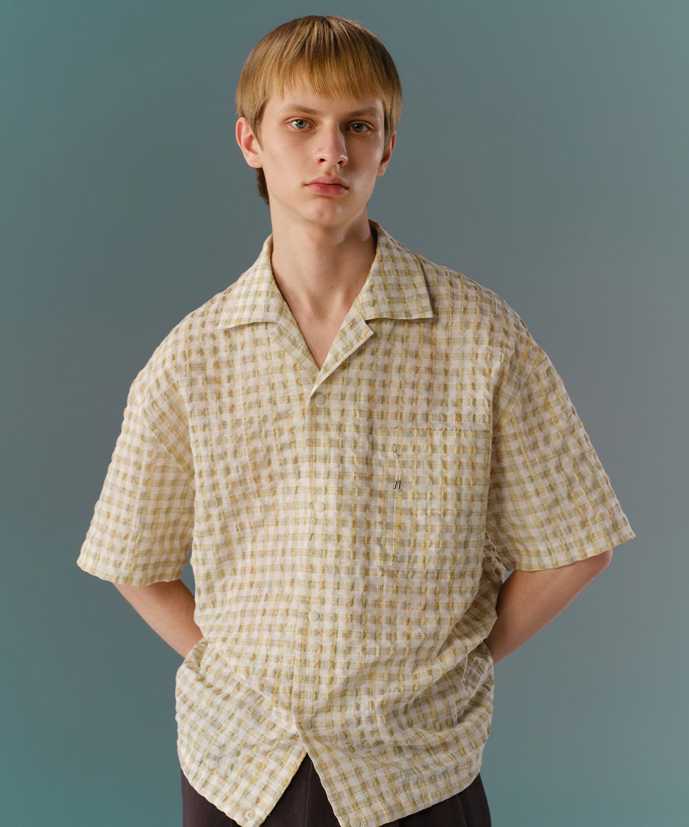 Fresh Check Seersucker Open-Collar Shirt