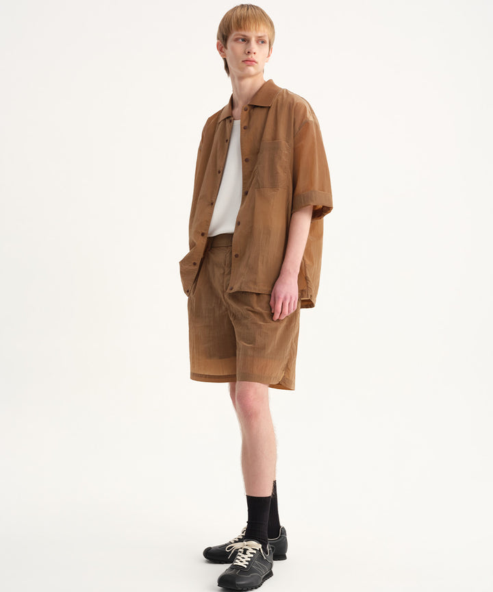 Sheer Crinkle-Finish Woven Wide Shorts